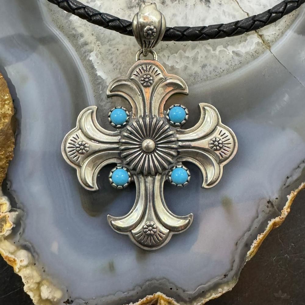 Carolyn Pollack Sterling Turquoise Cross Pendant Black Braided Leather Necklace